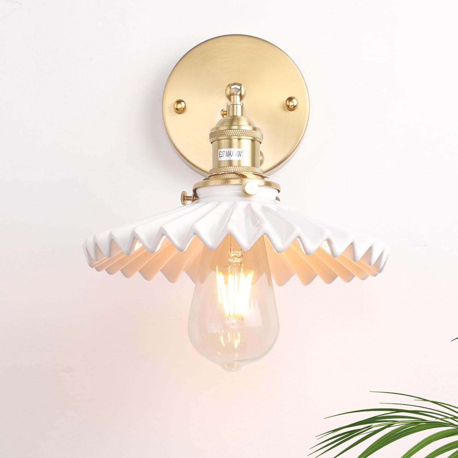 Vintage Wall Sconce with White Pleated Ceramic Lampshade