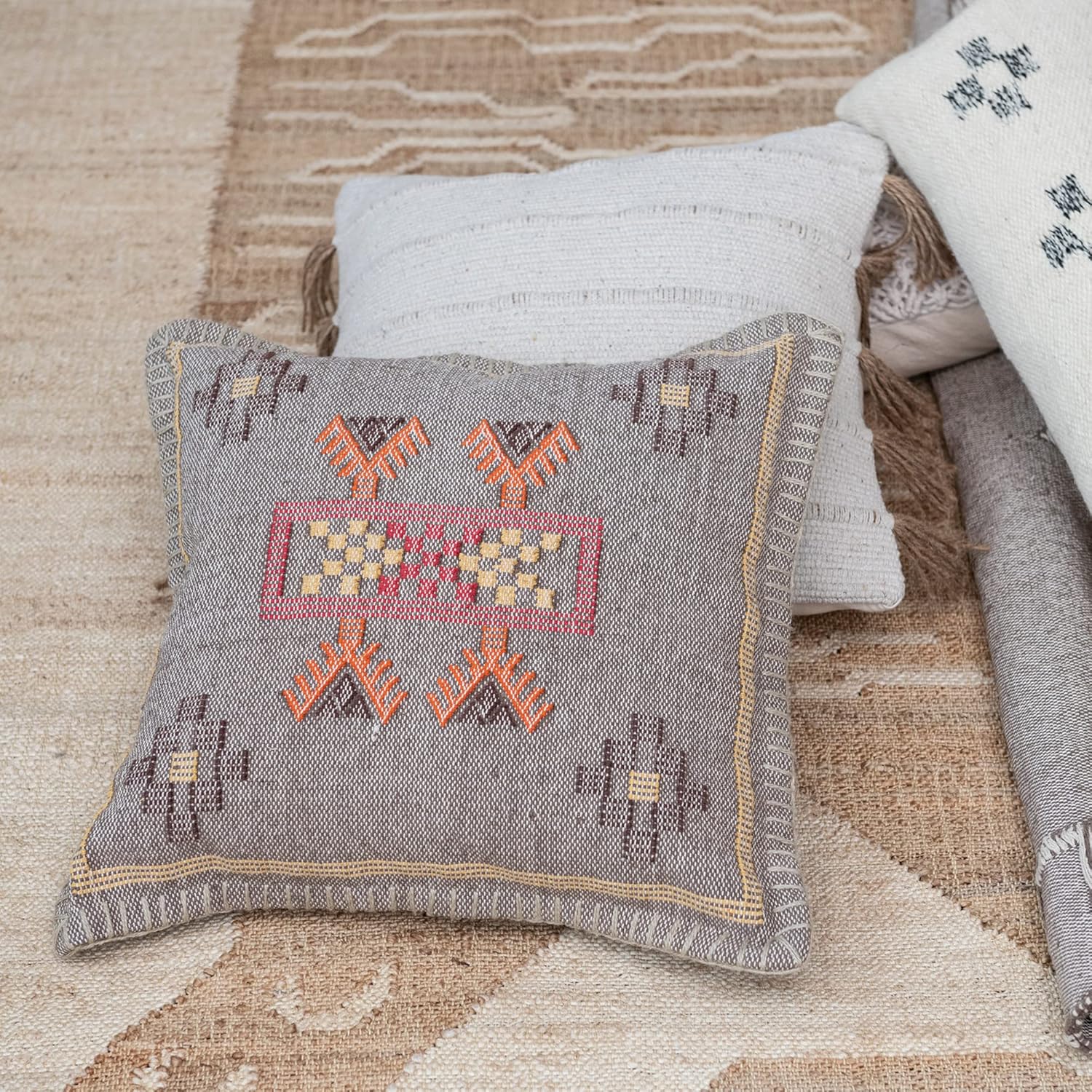 Creative Co-Op Handwoven Cotton Throw Pillow Cover with Geometric Embroidery, Multicolor