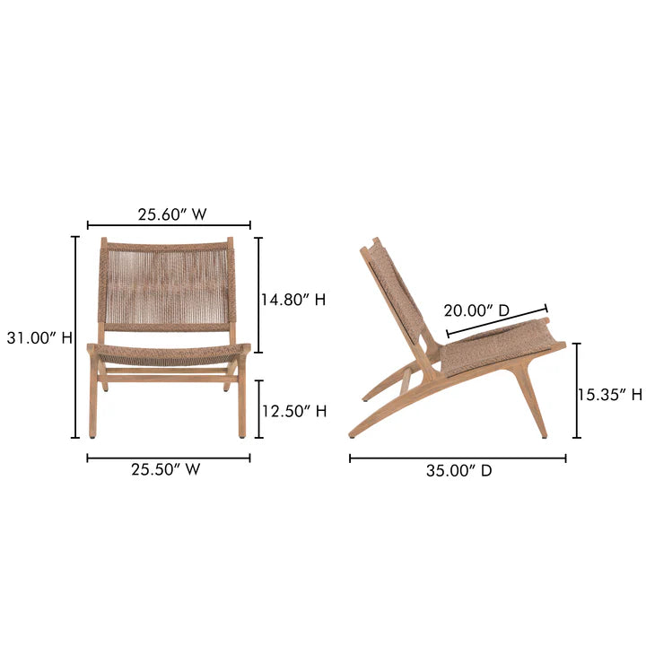 Rowan Lounge Chair, Solid Teak Frame, Faux Hyacinth Woven Seat, Indoor/Outdoor Use, Brown