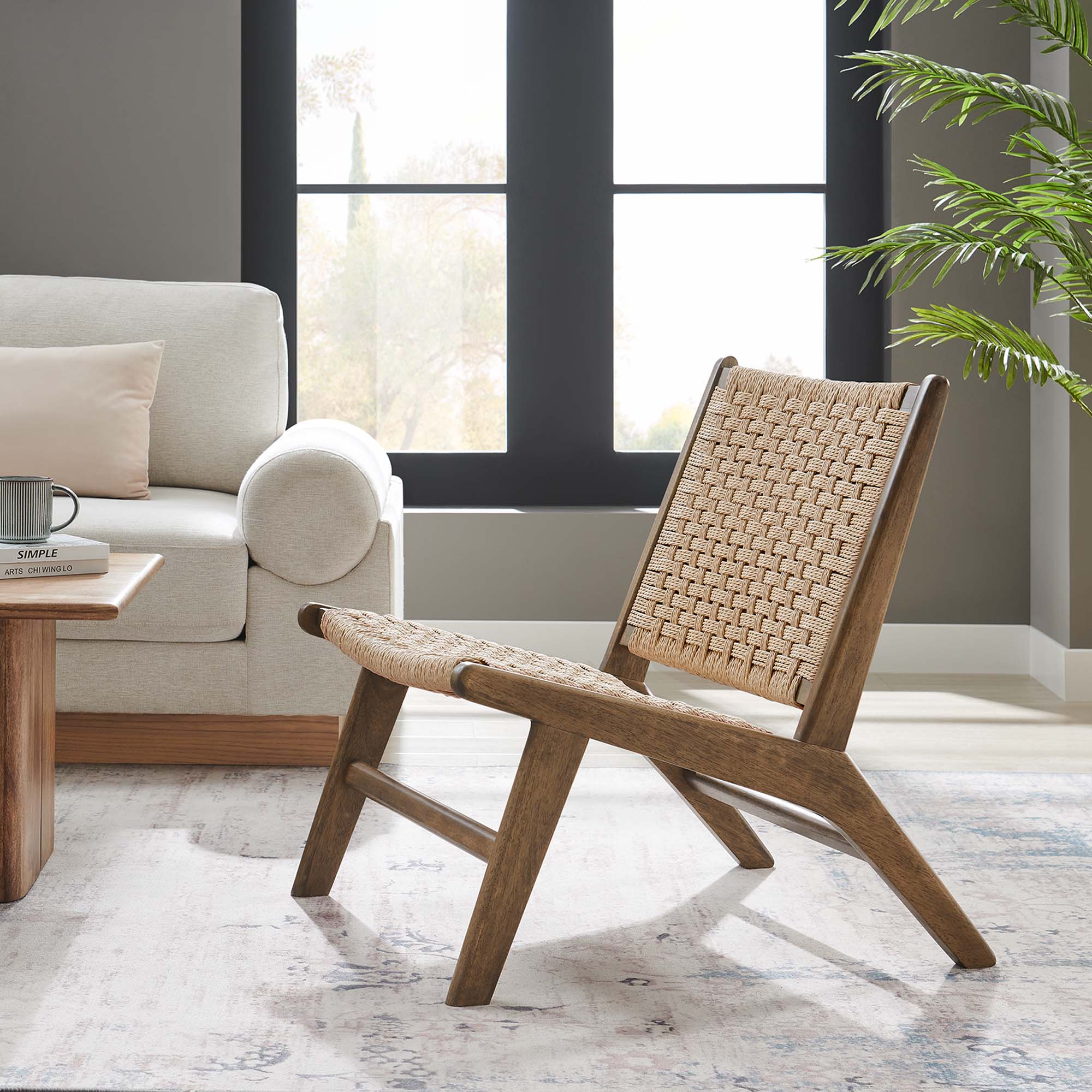 Modway Saoirse Woven Rope Wood Accent Lounge Chair in Walnut Natural